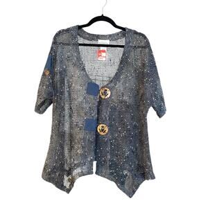 Catalog Favorites Artsy Lagenlook Top Shirt L Blue Large Buttons Open Knit